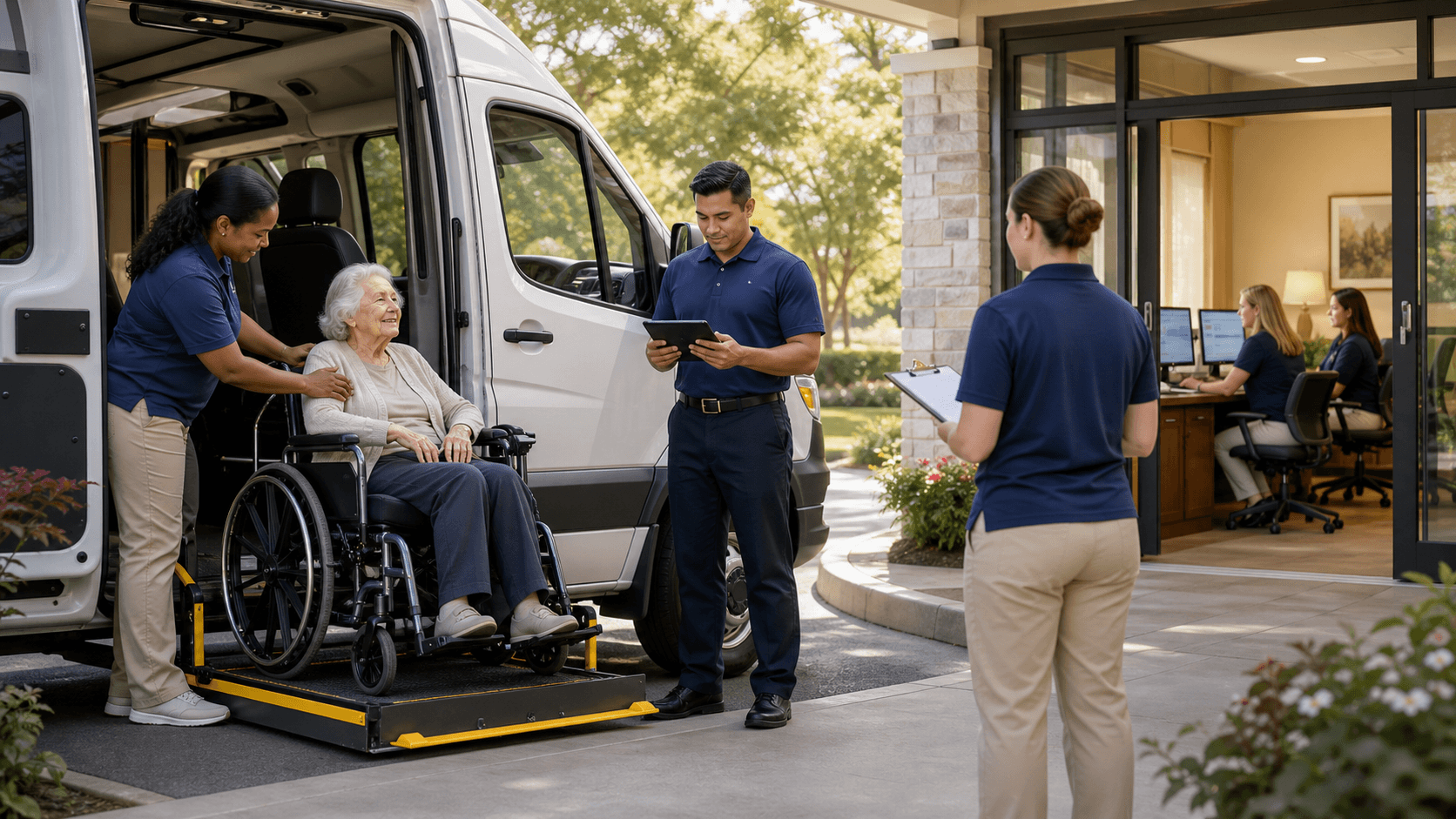 Sunlit illustration of a senior entering a blue car as a caregiver holds the door, with Richmond skyline behind.