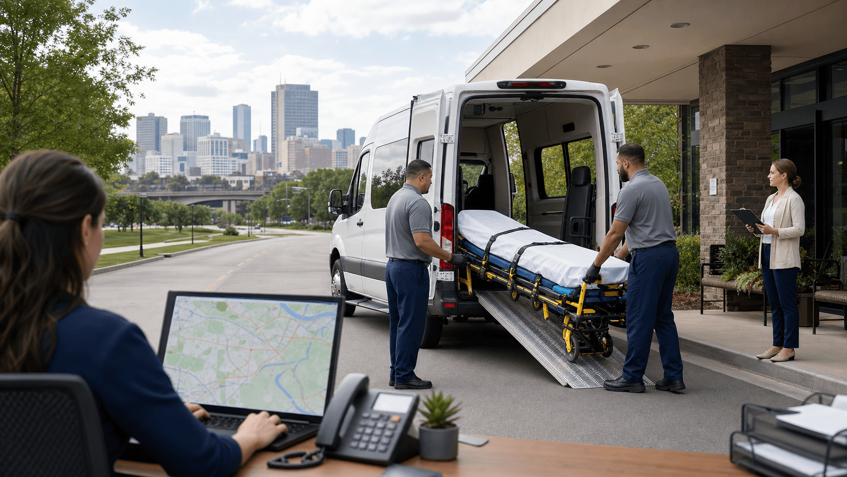 White medical van with open rear doors showing a stretcher, parked on a sunlit city street with brick buildings.