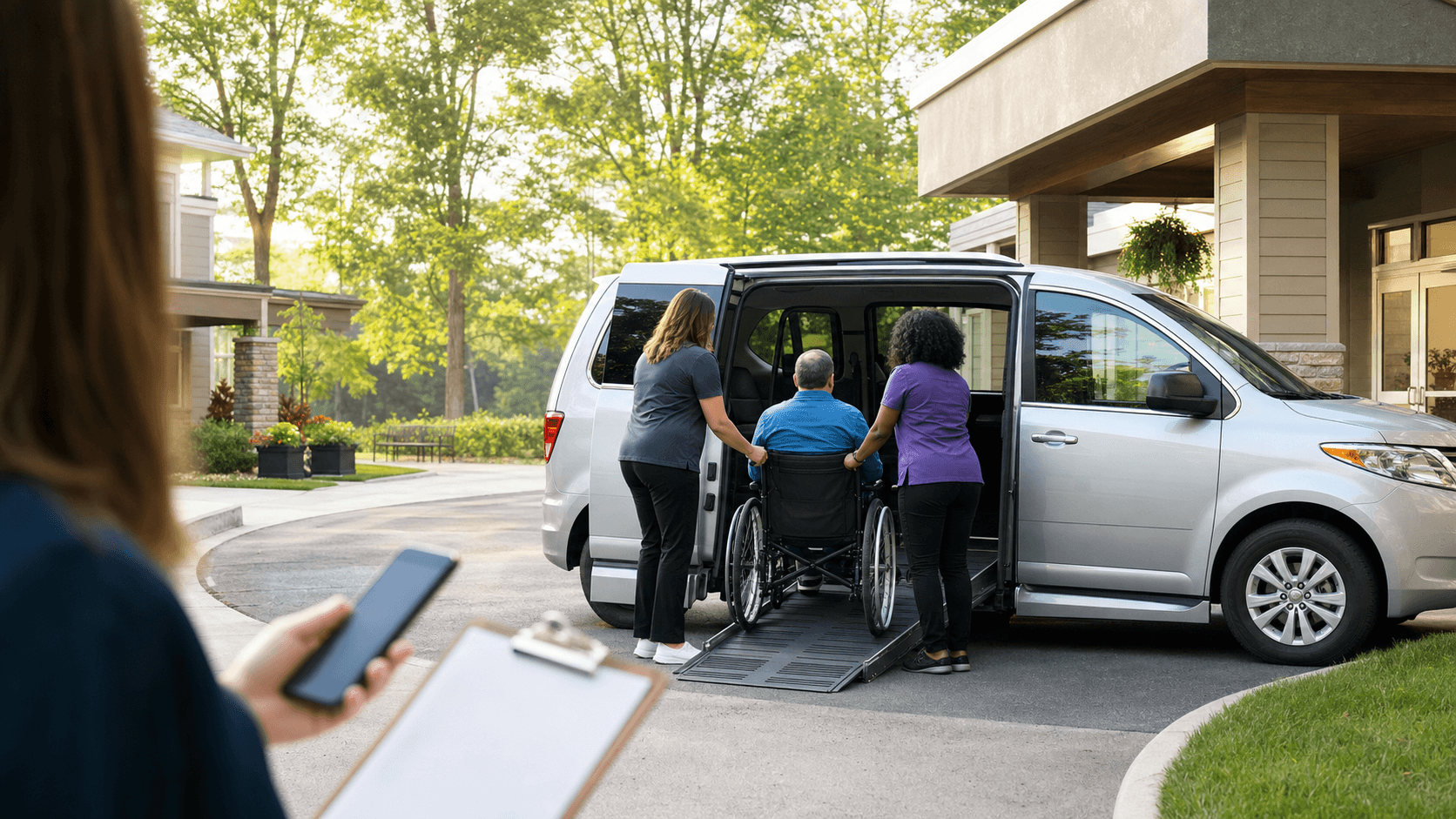 Blue wheelchair-accessible van parked on a sunny street beside a brick building, side ramp extended